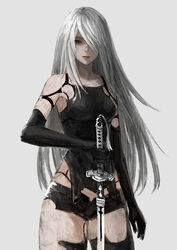  a2_(nier:automata) android armlet black_gloves black_shorts blue_eyes commentary_request elbow_gloves female gloves grey_hair highres holding holding_sword holding_weapon joints menka_(menka_wata) mole mole_under_mouth nier:automata nier_(series) photoshop_(medium) pink_lips robot_joints short_shorts shorts solo sword tank_top thighs weapon 