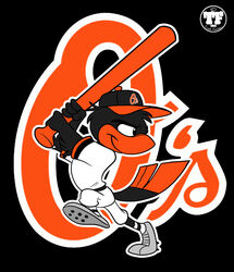  2012 action_pose anthro avian baltimore_oriole baltimore_orioles_(mlb) baseball_bat baseball_cap baseball_uniform bat_(object) beak biped bird black_background black_body black_eyes black_feathers black_tail cleats clothed clothing digital_drawing_(artwork) digital_media_(artwork) eyebrows feathers footwear full-length_portrait fully_clothed hat headgear headwear holding_object icterid legwear logo looking_back male mascot mlb multicolored_body multicolored_feathers nanook123 new_world_oriole on_one_leg orange_beak orange_body orange_feathers orange_tail oscine outline passerine portrait pose raised_leg shoes simple_background smile smirk smug socks solo sportswear standing tail tail_feathers text text_on_clothing text_on_hat text_on_headwear the_oriole_bird_(mascot) toony two_tone_body two_tone_feathers two_tone_tail uniform white_clothing 