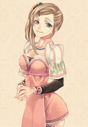  breasts brown_hair commentary_request cowboy_shot driselle_sharil female green_eyes hair_ornament hairclip interlocked_fingers jewelry lace lace_background light_smile long_sleeves medium_breasts miho_(mi) necklace side_ponytail tales_of_(series) tales_of_xillia 