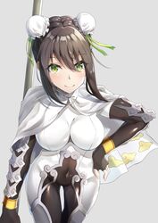  atora bad_id bad_pixiv_id black_hair blush bodysuit breasts bun_cover cape chinese_clothes commentary_request covered_navel double_bun fate/grand_order fate_(series) female fingerless_gloves gloves green_eyes hair_between_eyes hair_bun highres looking_at_viewer medium_breasts pantyhose polearm qin_liangyu_(fate) solo weapon 