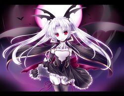  arm_behind_back ascot black_thighhighs bow cape clothes_lift colored_skin commentary_request dress dress_lift eden_(sennen_sensou_aigis) elbow_gloves female frilled_dress frills gloves head_tilt hisui_(syarute) letterboxed long_hair night open_mouth photoshop_(medium) pointy_ears red_eyes sennen_sensou_aigis slit_pupils smile solo thighhighs twintails vampire white_hair white_skin 