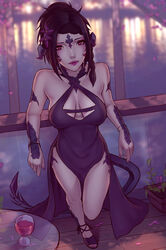  1girls au_ra bare_shoulders black_dress black_hair blush bracelet braid breasts cleavage cleavage_cutout clothing_cutout criss-cross_halter dress female final_fantasy final_fantasy_xiv flower from_above hair_flower hair_ornament halter_dress halterneck high_heels jewelry lips looking_at_viewer medium_breasts nail_polish night pelvic_curtain petals short_hair solo soranamae table tail water wine_glass xaela 