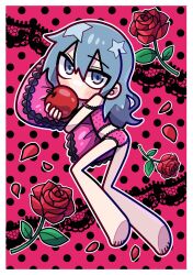  akina_mochi apple bare_legs barefoot blue_eyes blue_hair blush border camisole commentary_request deformed female flower food fruit hair_between_eyes hatsune_miku highres holding holding_food holding_fruit holding_pillow lace_background long_hair lying on_side outline panties petals pillow pink_background pink_camisole pink_panties polka_dot polka_dot_background polka_dot_panties red_flower romeo_to_cinderella_(vocaloid) rose rose_petals solo star_(symbol) strap_slip underwear vocaloid white_border white_outline 