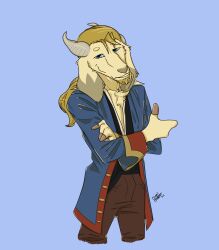  absurd_res anthro blue_eyes bovid caprine clothing coat gesture goat guybrush_threepwood hand_gesture hi_res male mammal monkey_island pirate pirate_outfit solo ssnowstalker thumbs_up topwear 