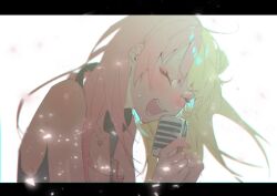  blonde_hair blush breasts cleavage closed_eyes colored_lights commentary eyeshadow female gear_(gear_990) headphones headphones_around_neck highres jewelry kotoka_torahime kotoka_torahime_(1st_costume) letterboxed long_hair makeup microphone multicolored_hair music necklace nijisanji nijisanji_en open_mouth pink_eyeshadow pink_hair pink_nails simple_background singing smile solo split-color_hair sweat three_quarter_view upper_body virtual_youtuber white_background 