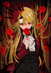  ascot blonde_hair blood blood_in_hair blood_on_hands blue_flower don_quixote_(project_moon) female flower four-hundred_roses hair_between_eyes hair_flower hair_ornament highres holding limbus_company long_hair long_sleeves looking_at_viewer petals project_moon red_eyes red_flower red_rose rose rose_petals shirt skirt solo thorns tori_(pippikasu) very_long_hair white_ascot white_shirt yellow_eyes 