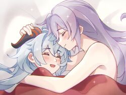  2girls blue_hair blush chromatic_aberration closed_eyes closed_mouth commentary cuddling ganyu_(genshin_impact) genshin_impact highres holding_another&#039;s_horns keqing_(genshin_impact) long_hair multiple_girls nude on_bed open_mouth purple_hair smile symbol-only_commentary under_covers wu_qin_(gyxx_04) yuri 