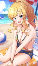  absurdres ball bare_legs bare_shoulders beach beach_chair beach_umbrella beachball blonde_hair blue_eyes blush bracelet breasts cleavage commentary_request denim denim_shorts feet_out_of_frame female highres idolmaster idolmaster_cinderella_girls jewelry large_breasts long_hair looking_at_viewer micro_shorts niban_(puka_0507) ohtsuki_yui outdoors ponytail shorts sidelocks sitting smile solo umbrella very_long_hair 