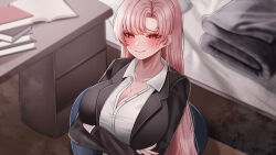  arms_under_breasts black_suit blush book breasts business_suit cleavage commission crossed_arms desk female kkukki large_breasts long_hair looking_at_viewer open_book original pink_hair red_eyes solo suit 