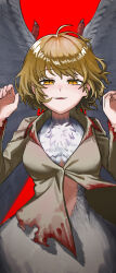  achaw_x2 blonde_hair blood blood_on_clothes brown_shirt dungeon_meshi english_commentary falin_touden falin_touden_(chimera) female highres looking_at_viewer red_background shirt short_hair simple_background solo taur torn_clothes upper_body wings yellow_eyes 