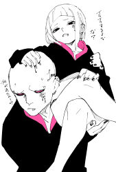  1boy absurdres bald bare_legs carrying carrying_person commentary_request crossed_legs female highres hood hoodie looking_at_another monochrome original piercing short_hair simple_background spot_color translation_request untsuku white_background 