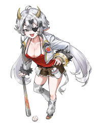  achaw_x2 animal_ears baseball baseball_bat black_eyes camisole commentary_request cow_ears cow_girl cow_horns cow_tail cropped_jacket eyepatch fangs female full_body hand_on_own_hip highres holding holding_baseball_bat horns jacket korean_commentary long_hair looking_at_viewer original red_camisole shorts simple_background solo tail tongue tongue_out very_long_hair white_background white_hair white_jacket 