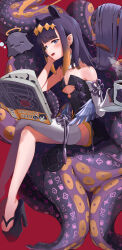  absurdres bare_shoulders black_dress black_footwear book comb crossed_legs cup detached_sleeves dress female flat_chest grey_eyes halo headpiece highres holding holding_cup hololive hololive_english knbd low_wings ninomae_ina&#039;nis ninomae_ina&#039;nis_(1st_costume) open_book open_mouth orange_hair platform_footwear platform_heels pointy_ears red_background single_thighhigh strapless strapless_dress takodachi_(ninomae_ina&#039;nis) tentacle tentacle_hair thighhighs tube_dress virtual_youtuber white_sleeves white_thighhighs white_wings wings 