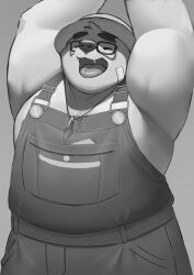  absurd_res anthro bear biceps clothing eyewear farmer glasses hat headgear headwear hi_res kumamikan lifewonders male mammal muscular muscular_anthro muscular_male open_mouth overalls solo straw_hat stretching tokyo_afterschool_summoners volos_(tas) yawn 