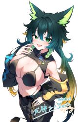  amagami_shinia animal_ears bare_shoulders bikini bikini_top_only bikini_under_clothes black_bikini blush braid breasts commission commissioner_name darjeeling_(reley) detached_sleeves female green_eyes green_hair hair_between_eyes highres indie_virtual_youtuber large_breasts long_hair looking_at_viewer multicolored_hair navel open_mouth pants second-party_source signature simple_background skeb_commission smile solo swimsuit tail thank_you very_long_hair virtual_youtuber white_background wolf_tail 