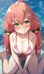  ahoge alternate_costume beach bikini blush breasts cleavage female green_eyes hair_between_eyes hair_ornament hairclip hands_on_ground highres hololive large_breasts looking_at_viewer ocean pink_bikini sakura_miko sitting solo suicabar72 swimsuit virtual_youtuber wariza wet 