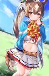  40_(0f0urw) absurdres animal_ears blue_jacket blush brown_hair cheerleader commentary_request cosplay cowboy_shot crop_top ear_ornament female hair_between_eyes heart highres holding holding_pom_poms horse_ears horse_girl jacket long_hair long_sleeves looking_at_viewer midriff multicolored_hair navel nice_nature_(run&amp;win)_(umamusume) nice_nature_(umamusume) nice_nature_(umamusume)_(cosplay) open_clothes open_jacket pom_pom_(cheerleading) ponytail red_eyes satono_diamond_(umamusume) signature solo two-tone_hair umamusume very_long_hair white_hair yellow_eyes 