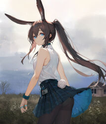  absurdres amiya_(arknights) animal_ear_fluff animal_ears arknights ass bare_shoulders bare_tree black_pantyhose black_skirt blue_eyes bohe_midiexiang breasts brown_hair building closed_mouth clothes_lift cloud cloudy_sky commentary_request day female field from_behind hair_between_eyes highres jewelry long_hair looking_at_viewer looking_back outdoors panties panties_under_pantyhose pantyhose pleated_skirt ponytail rabbit_ears rabbit_girl rabbit_tail ring shirt sidelocks skirt skirt_lift sky sleeveless sleeveless_shirt small_breasts solo tail tail_through_clothes tree underwear very_long_hair white_panties white_shirt 