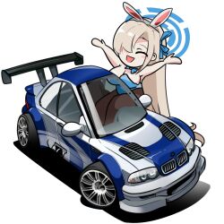  ^_^ absurdres animal_ears asuna_(blue_archive) asuna_(bunny)_(blue_archive) black_pantyhose blonde_hair blue_archive blue_bow blue_leotard blue_ribbon blush bmw bmw_3_series bmw_e46 bmw_m3 bow breasts car cleavage closed_eyes detached_collar fake_animal_ears female hair_over_one_eye hair_ribbon halo highres holeecrab large_breasts leotard motor_vehicle need_for_speed need_for_speed:_most_wanted_(2005) open_hands pantyhose rabbit_ears ribbon shadow simple_background sitting smile solo spoiler_(automobile) sports_car vehicle_focus white_background 