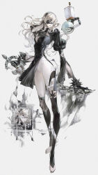  2b_(nier:automata) 2b_(nier:automata)_(cosplay) absurdres alternate_costume barefoot black_blindfold black_dress black_gloves black_hairband black_nails blindfold breasts corrin_(female)_(fire_emblem) corrin_(fire_emblem) cosplay covered_eyes crossover dress female fire_emblem fire_emblem_fates floating_hair full_body gloves grey_background grey_hair hair_between_eyes hairband highres holding holding_sword holding_weapon holster leotard lkppp long_hair medium_breasts nier:automata nier_(series) pod_(nier:automata) pointy_ears puffy_sleeves red_eyes simple_background sword toenails wavy_hair weapon white_leotard 