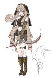  absurdres achaw_x2 bleeding blood blood_on_weapon boots brown_hair crop_top female finger_to_mouth full_body highres holding holding_weapon injury long_hair looking_at_viewer original scar scars_all_over self-harm simple_background slit_pupils snake_hair solo weapon white_background 