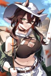  animal_ears arknights belt black_belt black_shirt brown_hair commentary crop_top ears_through_headwear female gomago_magoma green_eyes grin hat long_hair looking_at_viewer meteor_(arknights) meteor_(bard&#039;s_holiday)_(arknights) midriff navel official_alternate_costume pants shirt single_bare_shoulder smile solo stomach white_hat white_pants 