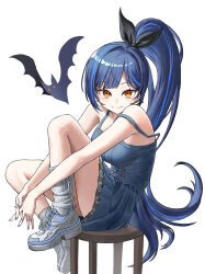  absurdres achaw_x2 bat_(animal) blue_hair female full_body highres knees_up lilpa long_hair looking_at_viewer orange_eyes ponytail shoes simple_background sitting skirt smile sneakers solo very_long_hair waktaverse white_background 