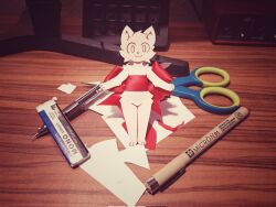  2024 ambiguous_gender anthro bow_ribbon cappuccinocat domestic_cat eraser felid feline felis female_(lore) front_view fur hi_res looking_at_viewer mammal mixed_media paper paws pen photography_(artwork) red_ribbon ribbons scissors solo standing white_body white_fur 