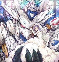  almiria_bauduin blood blood_stain bridal_veil closed_eyes commentary_request crying damaged dress elbow_gloves female gloves gundam gundam_bael gundam_tekketsu_no_orphans kono_sanorou light_purple_hair long_hair mecha red_eyes robot scratches sobbing spoilers stained_glass tears veil wedding_dress 