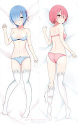  2girls ass ass_visible_through_thighs bed_sheet blue_bra blue_eyes blue_hair blue_panties bow bow_bra bra breasts closed_mouth commentary_request crotch_seam dakimakura_(medium) eyes_visible_through_hair from_behind frown hair_ornament hair_over_one_eye highres lace lace-trimmed_legwear lace_trim looking_at_viewer looking_back lying medium_breasts multiple_girls on_back on_bed on_stomach panties parted_lips photoshop_(medium) pink_bra pink_eyes pink_hair pink_panties ram_(re:zero) re:zero_kara_hajimeru_isekai_seikatsu rem_(re:zero) rokuuso short_hair siblings sisters strapless strapless_bra thighhighs twins twitter_username underwear underwear_only watermark web_address white_thighhighs x_hair_ornament 