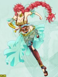  attack braid breasts dagger female female gradient gradient_background large_breasts omc red_eyes red_hair smile solo weapon wink 