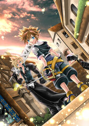  3boys ahiru_no_tamago blonde_hair blue_eyes brown_hair cloud_strife commentary_request dutch_angle final_fantasy final_fantasy_vii final_fantasy_vii_advent_children final_fantasy_viii fingerless_gloves gloves keyblade kingdom_hearts male_focus multiple_boys over_shoulder photoshop_(medium) sora_(kingdom_hearts) squall_leonhart sword sword_over_shoulder weapon weapon_over_shoulder 