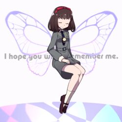  butterfly_wings closed_eyes closed_mouth commentary_request do_m_kaeru english_text female grey_background insect_wings invisible_chair jewelry mary_janes neckerchief necklace persona persona_1 school_uniform shoes short_hair simple_background sitting smile solo sonomura_maki st._hermelin_school_uniform wings 