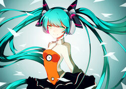  absurdres chromatic_aberration commentary_request female floating_hair green_eyes green_hair hatsune_miku headphones heartbeat_(module) highres iiiroha long_hair odds_&amp;_ends_(vocaloid) photoshop_(medium) solo twintails very_long_hair vocaloid 