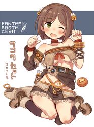  7010 ;d bag bare_shoulders bell belt blush boots bread breasts brown_hair cosplay detached_sleeves fantasy_earth fantasy_earth_zero female food full_body green_eyes hair_bell hair_ornament hairband idolmaster idolmaster_cinderella_girls jingle_bell looking_at_viewer maekawa_miku navel oerba_yun_fang one_eye_closed open_mouth pouch satchel scout_(fantasy_earth) scout_(fantasy_earth)_(cosplay) scout_(lakota_outfit)_(fantasy_earth_zero) short_hair simple_background skirt small_breasts smile solo underboob white_background 