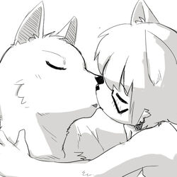  1:1 age_difference anthro blush canid canine close-up closed_eyes digital_drawing_(artwork) digital_media_(artwork) domestic_cat duo eyewear felid feline felis glasses greyscale hair hug kissing lolicon male male/male mammal manmosu_marimo monochrome older_male shota_feline_(marimo) simple_background white_background white_canine_(marimo) young young_anthro younger_male 