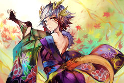  ass bare_shoulders blue_eyes bridal_gauntlets commentary_request dragon_girl dragon_tail facial_mark female floral_print grey_hair hair_between_eyes hair_ornament heterochromia highres horns japanese_clothes kaede_(p&amp;d) kimono long_sleeves mi_bait obi off_shoulder photoshop_(medium) pointy_ears puzzle_&amp;_dragons sash scales short_hair solo tail wide_sleeves yellow_eyes 