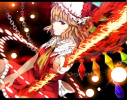  ascot bad_id bad_pixiv_id black_background blonde_hair chains closed_mouth expressionless female fire flandre_scarlet hat hat_ribbon holding holding_sword holding_weapon laevatein_(touhou) mob_cap red_eyes red_ribbon red_skirt ribbon sameya skirt solo sword touhou vest weapon white_hat wings 