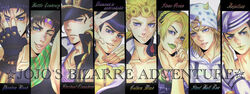  battle_tendency black_hair blonde_hair braid brooch brown_hair chains collarbone column_lineup commentary_request copyright_name diamond_wa_kudakenai dixie_cup_hat double_bun fingerless_gloves gakuran giorno_giovanna gloves green_eyes green_lips hair_bun hand_on_own_chin hat hat_over_one_eye heart higashikata_josuke higashikata_josuke_(jojolion) highres horseshoe jewelry johnny_joestar jojo_no_kimyou_na_bouken jojo_pose jojolion jonathan_joestar jonathan_joestar&#039;s_pose_(jojo) joseph_joestar joseph_joestar_(young) kujo_jolyne kujo_jotaro lipstick makeup military_hat open_mouth phantom_blood pompadour pose purple_eyes purple_hair scarf school_uniform smile star_(symbol) star_print stardust_crusaders steel_ball_run stone_ocean striped_clothes striped_scarf vento_aureo yomi_(valshe96nekopiko) zipper 