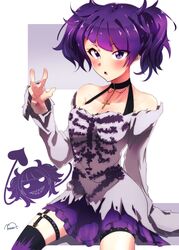  bad_id bad_pixiv_id bare_shoulders black_choker choker commentary cross cross_necklace diagonal_bangs female garter_straps highres idolmaster idolmaster_shiny_colors jewelry long_sleeves looking_at_viewer miniskirt moment_(moment_607) necklace purple_eyes purple_hair purple_skirt short_twintails single_thighhigh skirt solo tanaka_mamimi thigh_strap thighhighs torn_clothes twintails 