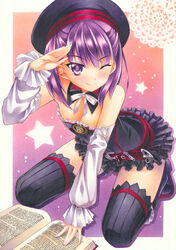  ;) book commentary_request detached_sleeves fate/grand_order fate_(series) female hat helena_blavatsky_(fate) looking_at_viewer marker_(medium) md5_mismatch one_eye_closed open_book purple_eyes purple_hair resolution_mismatch salute sefirot short_hair smile solo source_larger thighhighs traditional_media white_sleeves yuto_takumi 