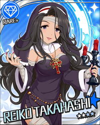  artist_request bandages black_hair blue_background blue_fire breasts candelabra candle candlestand card_(medium) character_name cleavage female fire gem_(symbol) habit idolmaster idolmaster_cinderella_girls jewelry jpeg_artifacts large_breasts long_hair nail_polish necklace nun official_art purple_eyes solo sparkle takahashi_reiko 