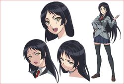  black_hair black_legwear bracelet character_sheet choker concept_art expressions female female full_body jewelry kajou_ayame long_hair looking_at_viewer official_art pleated_skirt school_uniform shimoneta_to_iu_gainen_ga_sonzai_shinai_taikutsu_na_sekai simple_background smile solo thighhighs uniform white_background yellow_eyes zettai_ryouiki 