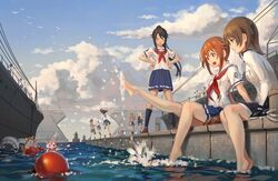  6+girls animal barefoot blue_sky china_moeka cloud commentary_request day feline hamster high_school_fleet irizaki_mei isoroku_(haifuri) military military_uniform misaki_akeno multiple_girls munetani_mashiro neckerchief nosa_kouko open_mouth outdoors pinakes plantar_flexion running school_uniform serafuku shiretoko_rin short_hair sitting sky tateishi_shima uniform wilhelmina_braunschweig_ingenohl_friedeburg yokosuka_girls_marine_high_school_uniform 