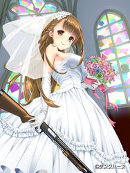  bare_shoulders bouquet brown_eyes brown_hair commentary_request dress female flower gloves gown gun long_hair mossberg_500 mossberg_500_(weapon_girls) pump_action shotgun smile solo uz3d veil weapon weapon_girls wedding_dress window 