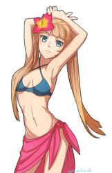  armpits bare_shoulders bikini blue_eyes breasts brown_hair cleavage coma2 elle_mel_martha female flower long_hair mound_of_venus navel simple_background smile solo swimsuit tales_of_(series) tales_of_xillia_2 twintails 