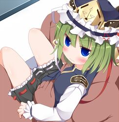  aged_down anger_vein blue_eyes blush clothed_female_nude_male commentary_request female green_hair hat hat_ribbon hug long_sleeves looking_at_viewer looking_back nikku_(ra) nude pov ribbon shiki_eiki shirt short_hair sitting sitting_on_lap sitting_on_person skirt straight touhou vest wavy_mouth 