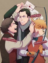  3boys ;q akayama_takana anger_vein arm_up between_fingers black_hair blue_eyes bow bowtie buttons character_name clenched_teeth coat collared_shirt commentary_request crossover dog_boy facial_hair fighting fishing_hook fishing_line fishing_rod furry furry_male green_hair hair_slicked_back hand_on_another&#039;s_face hirokawa_taichirou holding jeremy_brett letter long_sleeves looking_at_another male_focus meitantei_holmes moustache multiple_boys multiple_crossover name_connection one_eye_closed open_mouth patterned_background photoshop_(medium) profile pushing_away pushing_face reaching real_life real_life_insert robert_downey_jr. scarf sherlock_holmes sherlock_holmes_(1984_tv_series) sherlock_holmes_(meitantei_holmes) sherlock_holmes_(movie) shirt string teeth the_adventures_of_sherlock_holmes tongue tongue_out trait_connection upper_body vest yellow_eyes 