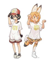  2girls adapted_costume alternate_headwear animal_ears baseball_cap black_hair blonde_hair boots commentary feathers gloves hand_on_headwear hat kaban_(kemono_friends) kemono_friends multicolored_hair multiple_girls paw_pose serval_(kemono_friends) serval_print shirt short_hair short_sleeves shorts skirt socks t-shirt tail tessaku_ro thighhighs 