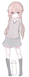  arms_behind_back black_socks blouse blue_eyes blush brown_hair closed_mouth commentary_request feline female full_body grey_sweater kneehighs light_brown_hair long_hair long_sleeves low_twintails miniskirt no_shoes original pale_color ruten_(onakasukusuku) shirt simple_background skirt socks solo standing sweater twintails white_background white_shirt 